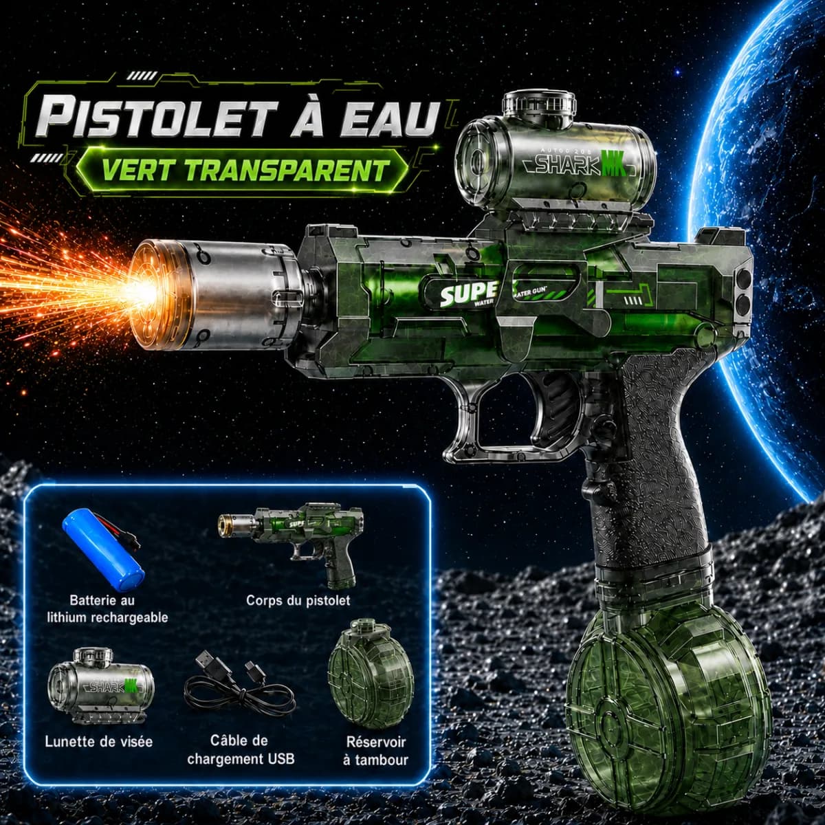 Pistolet à eau électrique Aurora vert transparent avec lunette de visée et réservoir à tambour, contenu de la boîte : batterie lithium rechargeable, câble USB