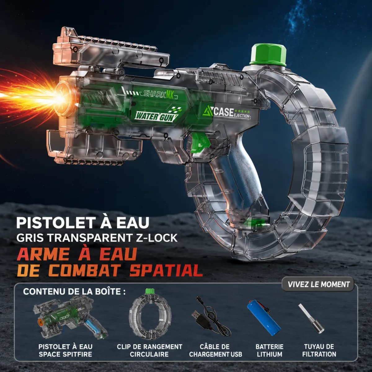 Pistolet à eau électrique Combat Spatial vert transparent, version chargeur anneau, avec contenu de la boîte : batterie lithium, câble USB, tuyau de filtration